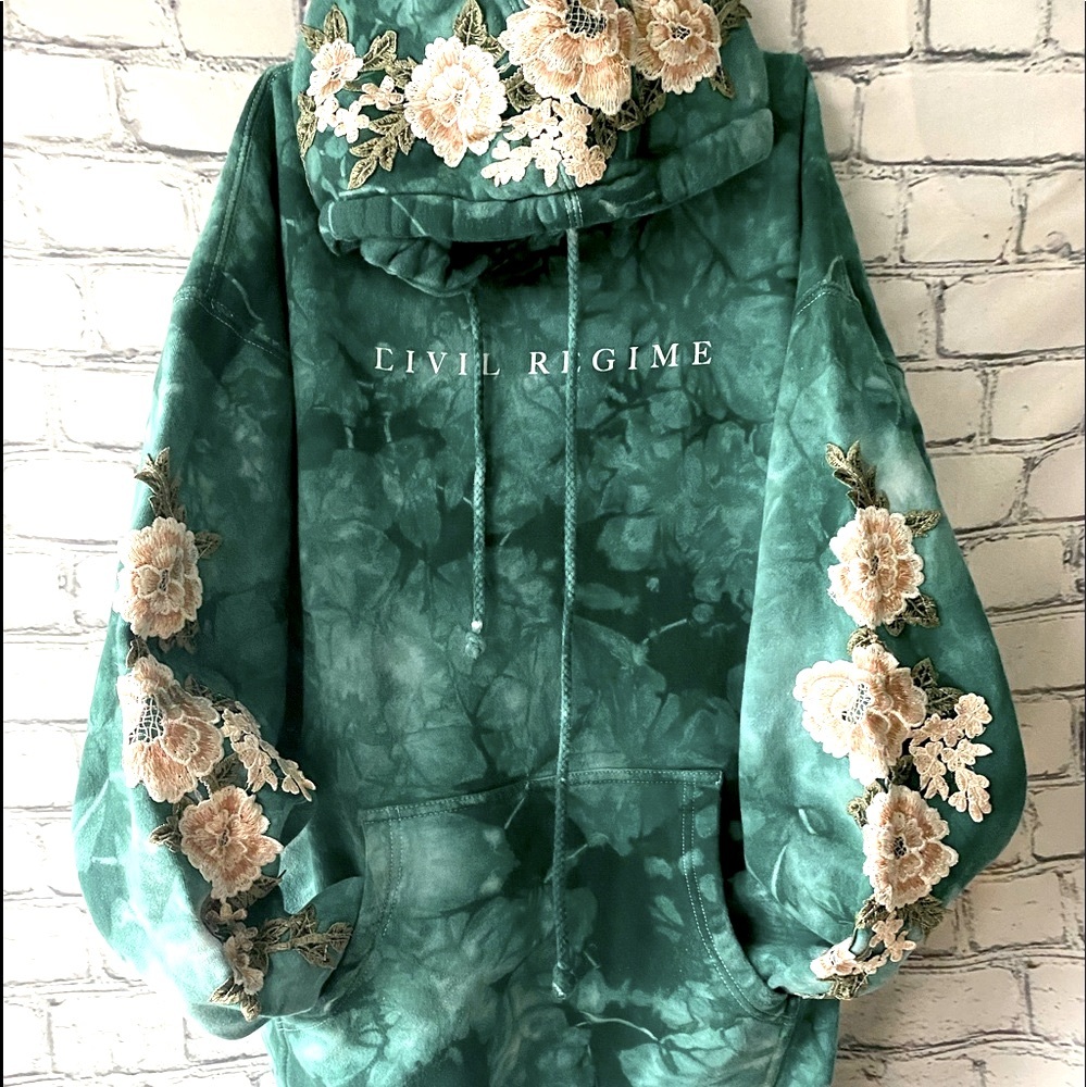 Civil regime aqual teal white blanco roses hoodie